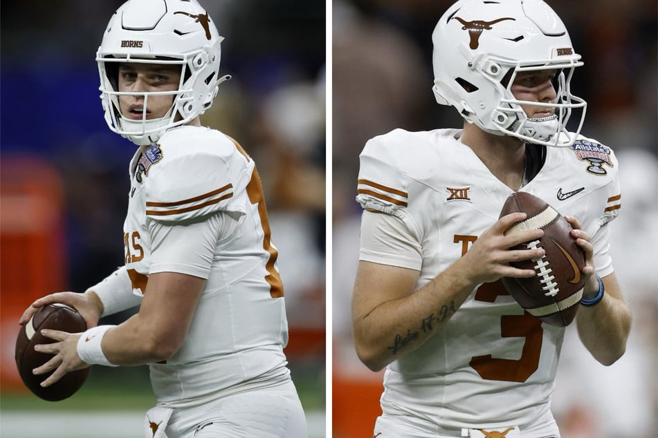 A new college football quarterback ranking has Texas in first place, thanks to Arch Manning (l.) and Quinn Ewers.