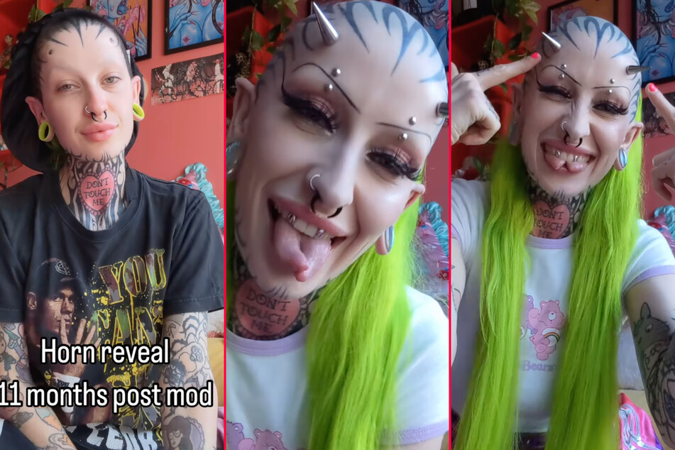 Tattooed woman gets tongue split in half and horns embedded in forehead
