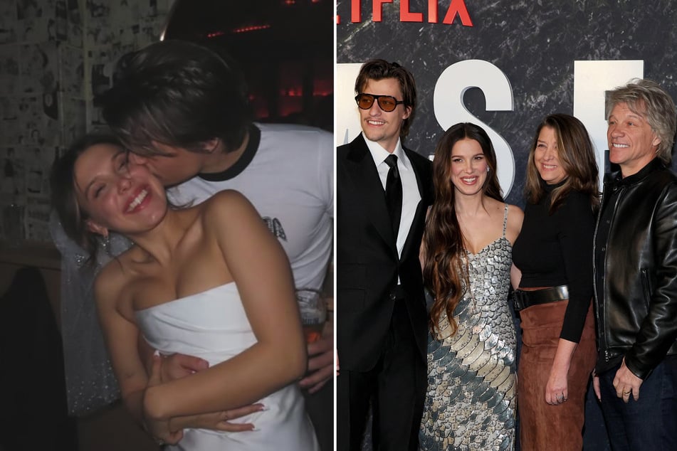 Newlyweds Millie Bobby Brown (l.) and Jake Bongiovi made their honeymoon a family affair as they jetted off to Italy with Jon Bon Jovi (r.) and Dorothea Hurley (second from r.)!