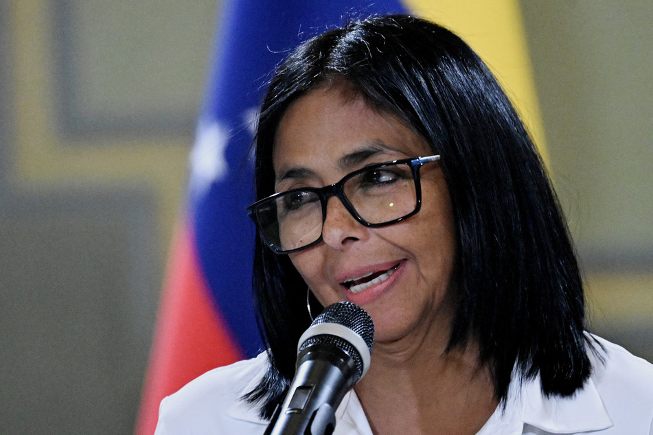 Interim President Delcy Rodriguez speaks during a press conference after a signing of an agreement ceremony between Chevron Venezuela and the national government at the Miraflores Palace in Caracas on April 13, 2026.