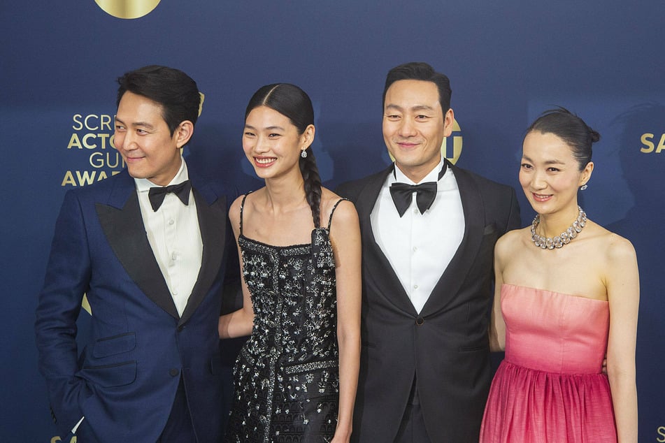 The cast of Squid Game attends the 28th Annual Screen Actors Guild Awards on Sunday at The Barker Hangar in Santa Monica, California.