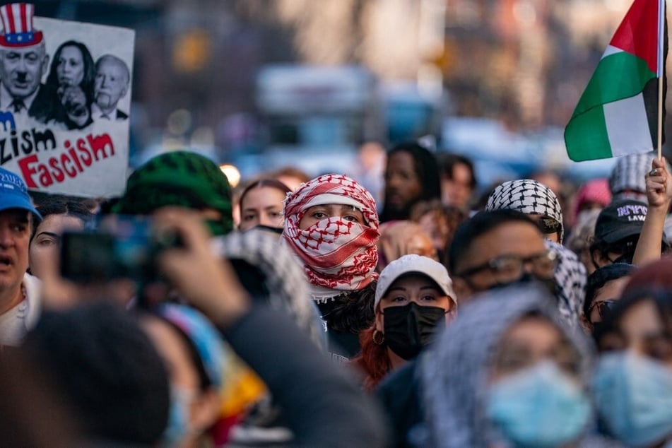 Protesters march to demand the release of detained Columbia University graduate Mahmoud Khalil in New York City.