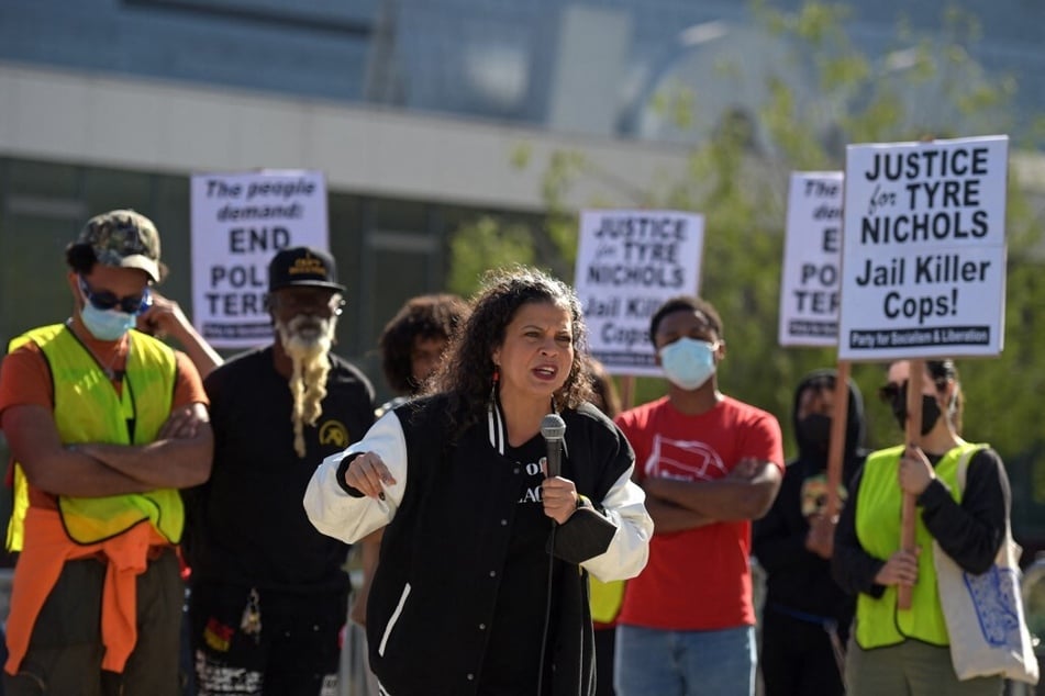 Dr. Melina Abdullah speaks during a Black Lives Matter protest in Los Angeles, California, following the police killing of Tyre Nichols.