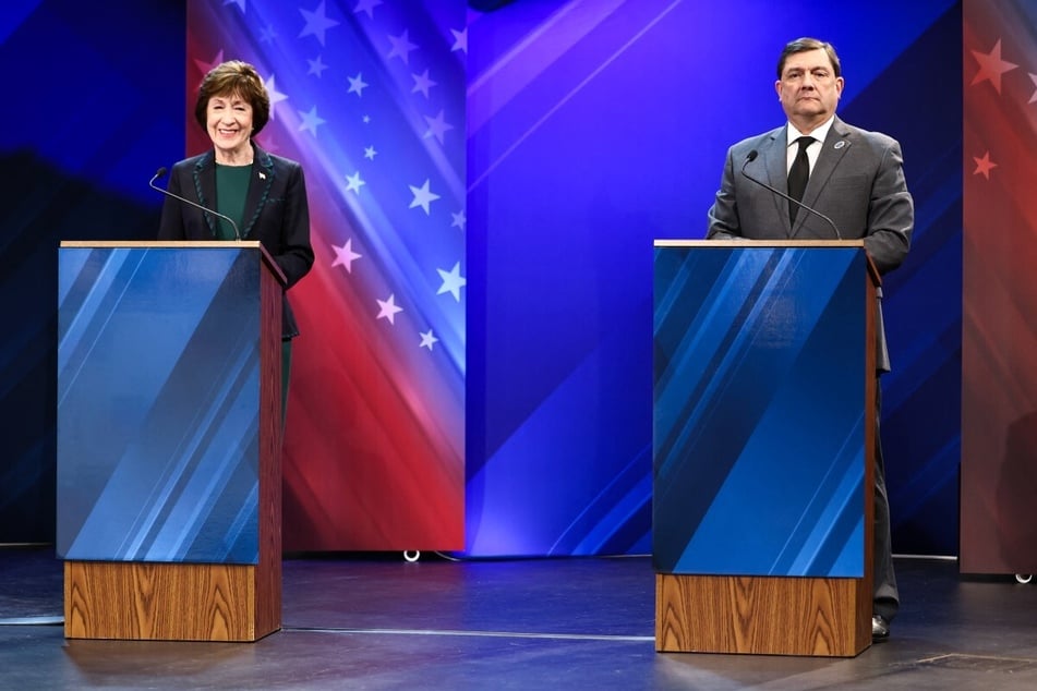 Republican Senator Susan Collins (l.) of Maine and Democratic candidate for the Senate Troy Jackson are seen during their debate on October 15, 2026. Collins' campaign paid for anti-Jackson ads that ran in Portland, Oregon, instead of Portland, Maine.