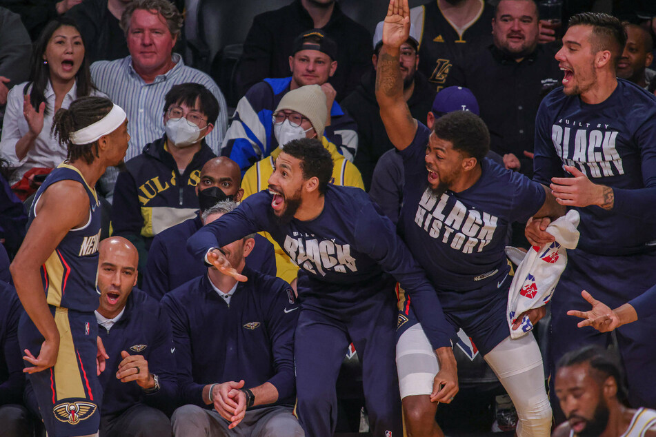The New Orleans Pelicans celebrate humbling the Lakers in LA.