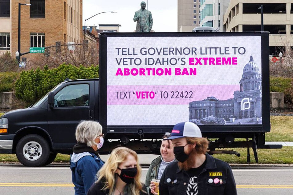 A mobile billboard truck is pictured outside the Idaho Capitol in Boise on March 19, 2022, during a rally against legislation to ban abortion after around six weeks.