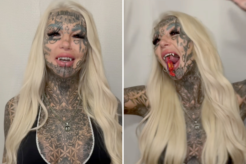 Ink addicted adult star shows off what she can pick up with her split tongue