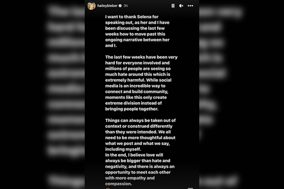 Hailey Bieber broke her silence on her Instagram story about the ongoing drama with Selena Gomez.