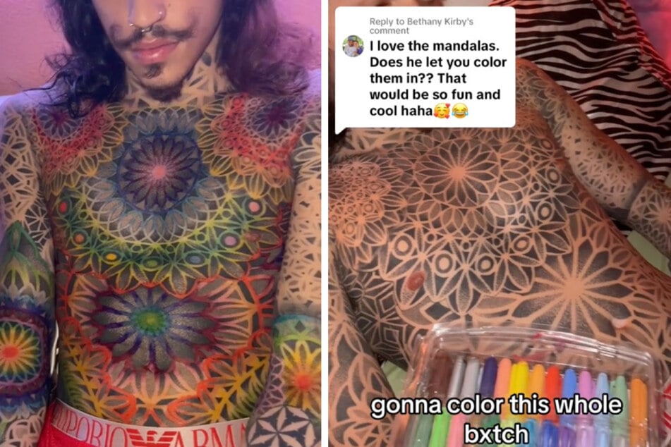 A TikTok user colored in her boyfriend's $125,000nworth of sacred geometry ink.