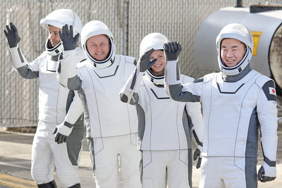 From l. to r.: Roscosmos cosmonaut Oleg Platonov, NASA astronauts Mike Fincke and Zena Cardman, and JAXA astronaut Kimiya Yui will return to Earth early on Wednesday.