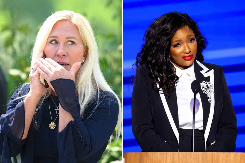 In a recent social media post, Jasmine Crockett (r.) responded after Marjorie Taylor Greene (l.) said she was a "fake" black person because she is educated.