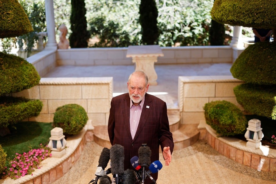 US Ambassador to Israel Mike Huckabee addresses the press during his visit to the home of a Palestinian-American resident in Turmus Ayya on September 5, 2026.