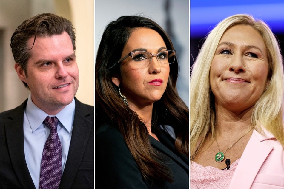 (From l. to r.) Representatives Matt Gaetz, Lauren Boebert, and Marjorie Taylor Greene have been tapped to host the War Room podcast amid Steve Bannon's prison sentence.