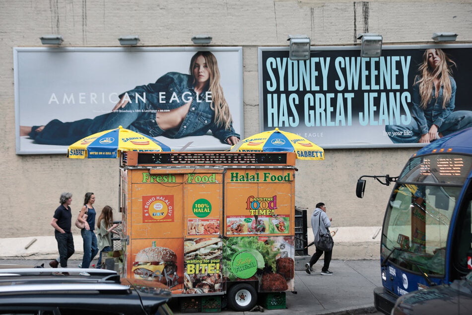 Billboards of actor Sydney Sweeney are seen outside of an American Eagle store on Friday in New York City.