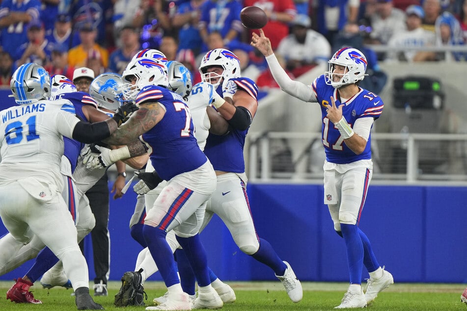 Buffalo Bills quarterback Josh Allen passes against the Detroit Lions during the first half at New Highmark Stadium.