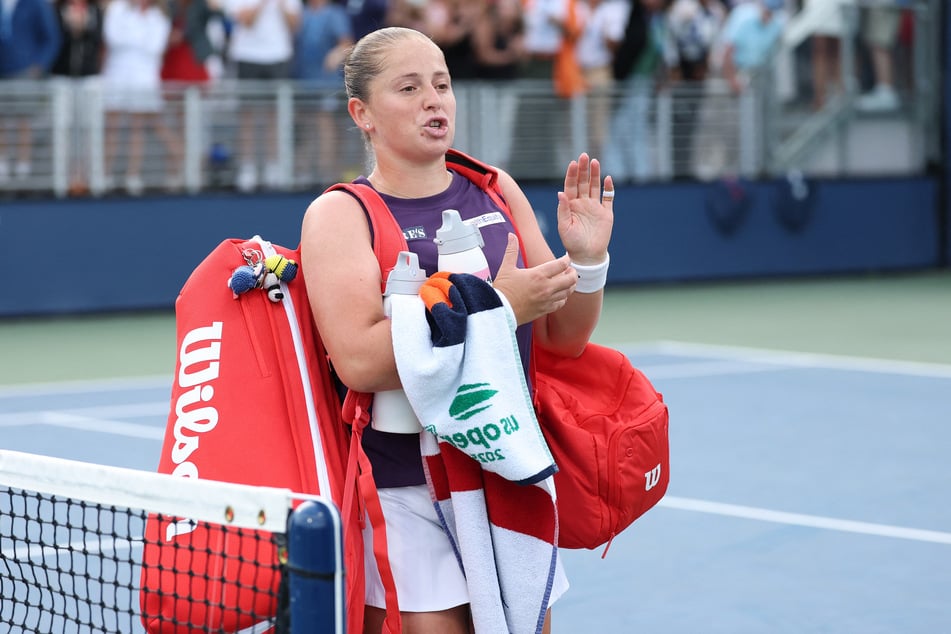 Jelena Ostapenko walks off the court after losing to Taylor Townsend during their Women's Singles Second Round match on Day Four of the 2025 US Open.