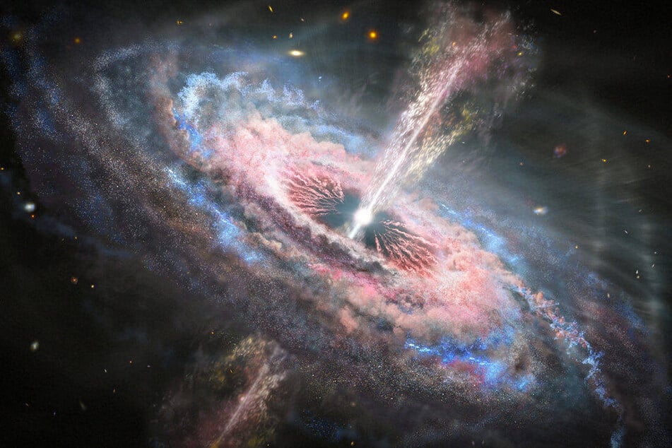 An illustration from December 2020 shows a distant galaxy with an active quasar at its center.