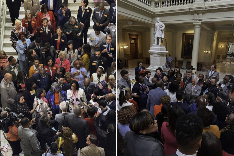 Georgia House Democrats walk out in solidarity with the LGBTQ+ community on April 2, 2025, amid an onslaught of discriminatory legislation.
