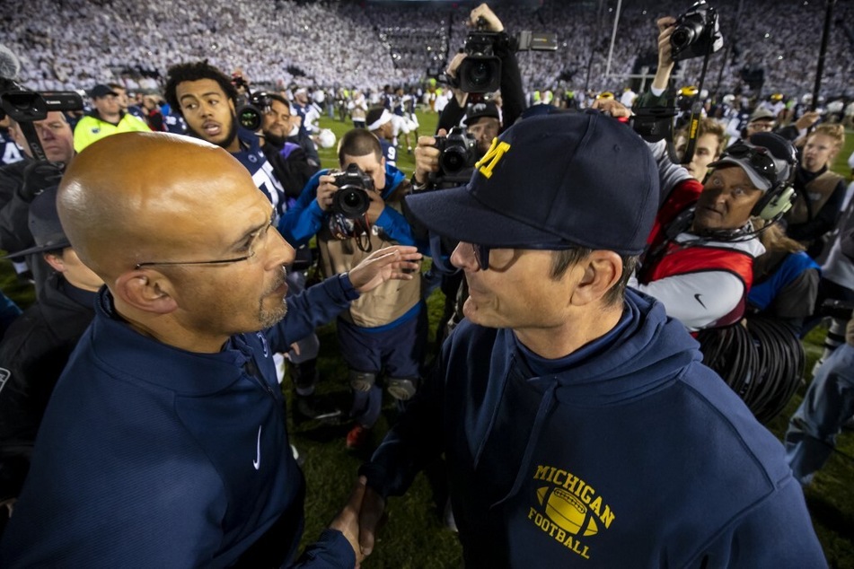Penn State coach James Franklin (l.) appeared to take a jab at Michigan football ahead of their big showdown.