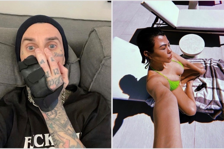 Kourtney Kardashian stuns in poolside snaps as Travis Barker flaunts grotesque injury