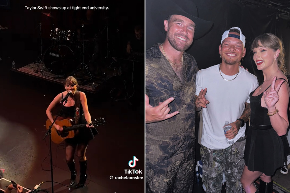 Taylor Swift (r.) hit the stage to give fans a surprise performance at Travis Kelce's (c.) Tight End University event in Nashville, Tennessee.