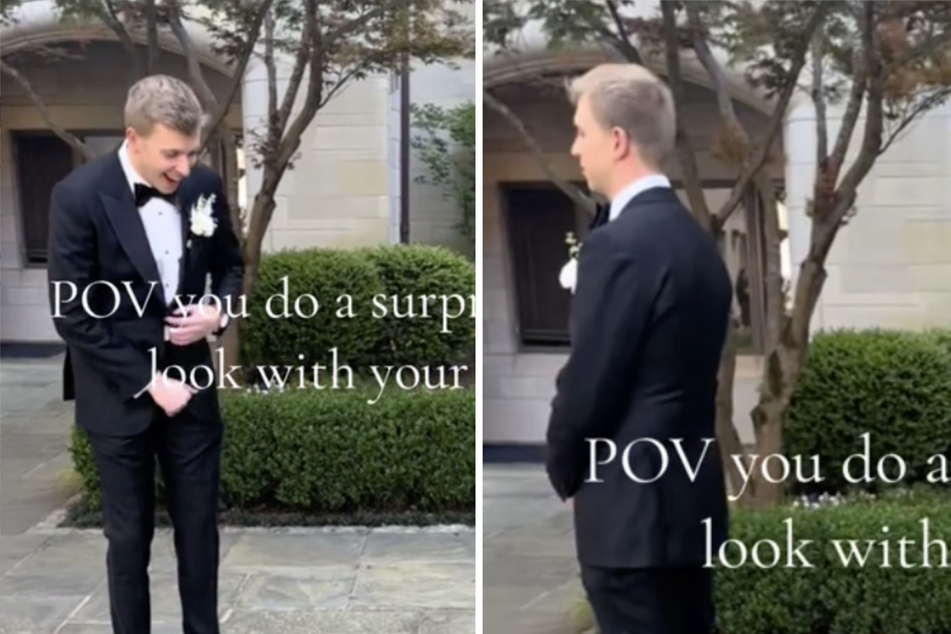 Groom gets furry surprise at first look before wedding