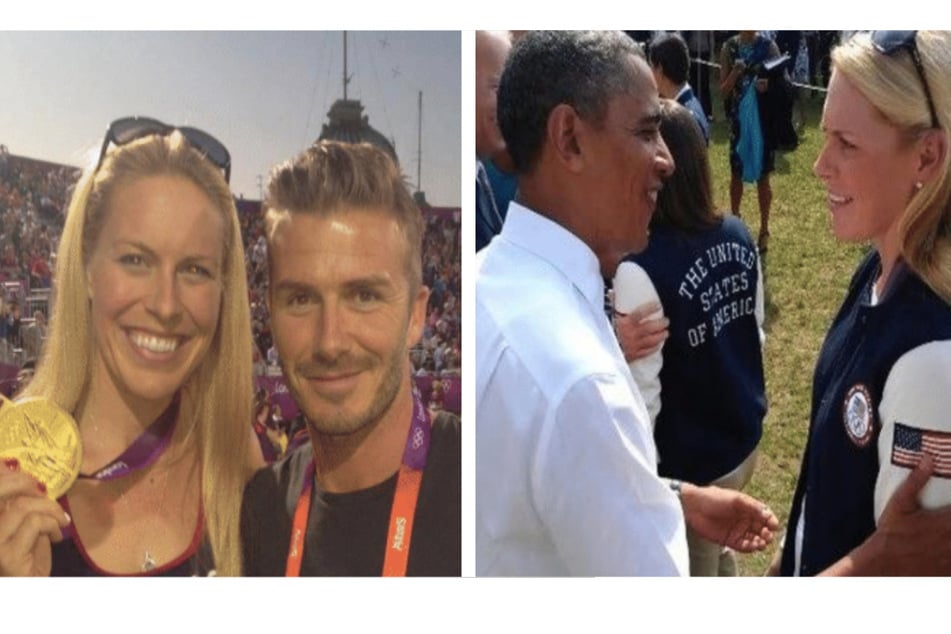 Esther Lofgren met fellow athlete David Beckham (l.) and former president Barack Obama (r.) after her Olympic gold medal win.