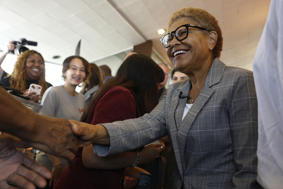 Los Angeles Mayor Karen Bass greets customers at Pann's Restaurant on June 1, 2026.
