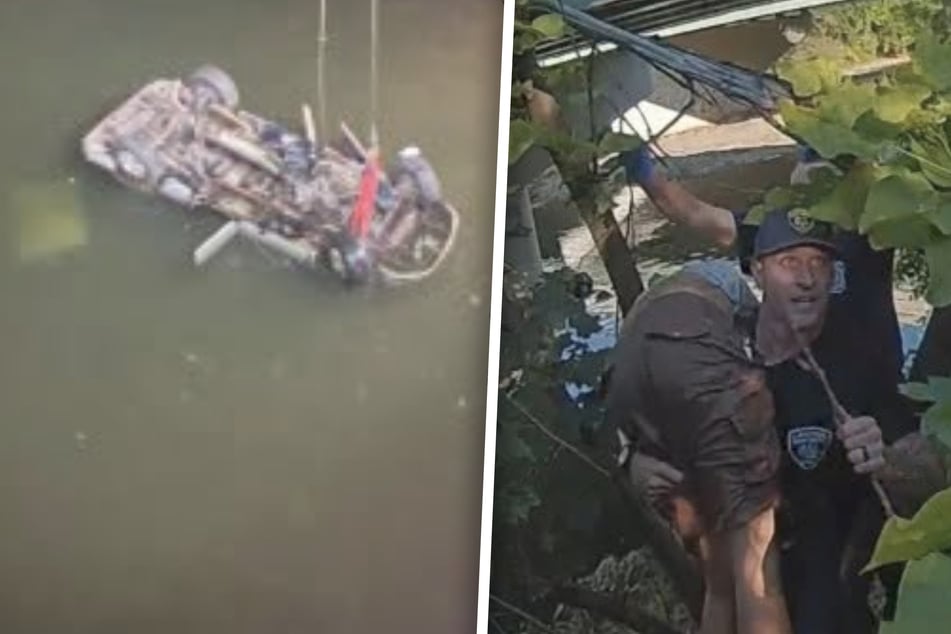 Firefighters race to save driver after pickup truck crashes and flips into creek