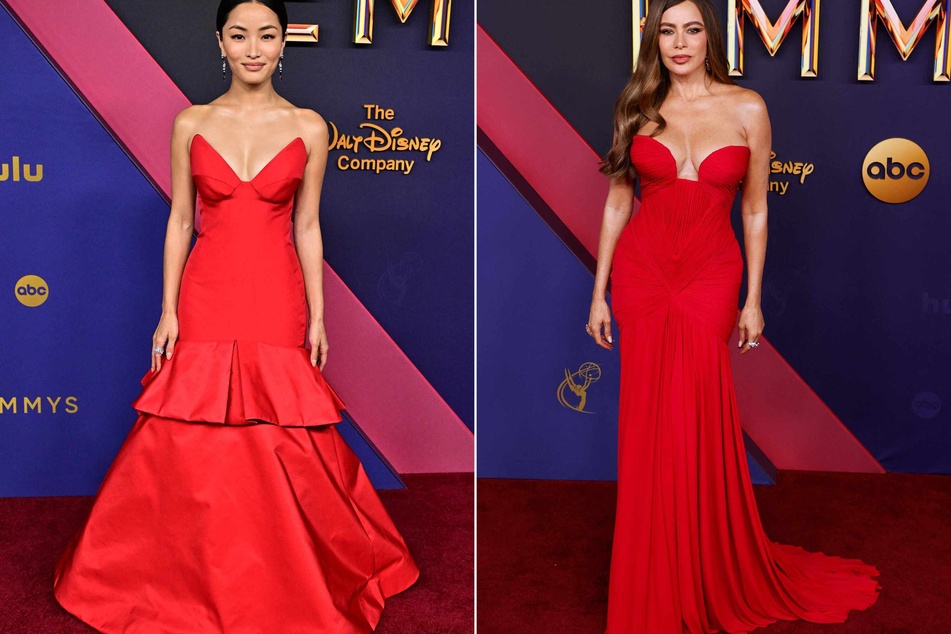 Shogun star Anna Sawai (l.) and Sofia Vergara (r.) went with va-va-voom red strapless gowns.