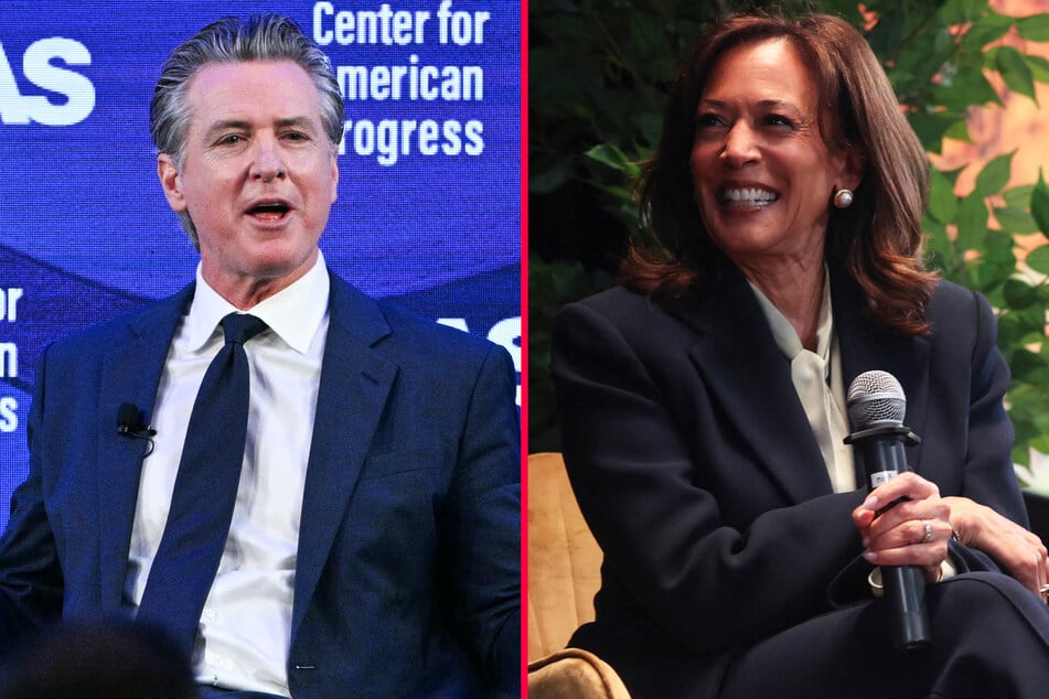 California Governor Gavin Newsom (l.) and former Vice President Kamala Harris are nearly tied in a recent Democratic primary poll for the 2028 election.