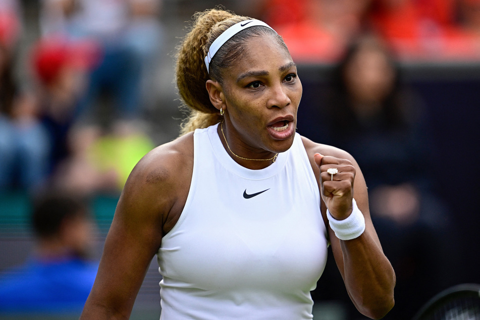 Serena Williams reacts as she plays with Czech Republic's Karolina Muchova during a women's doubles round of 16 match at the WTA500 Berlin Tennis Open tournament on June 16, 2026.