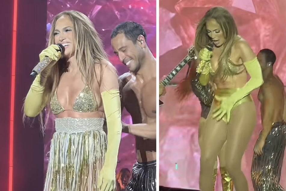 During her show, Jennifer Lopez's glittering skirt suddenly slipped off her body.