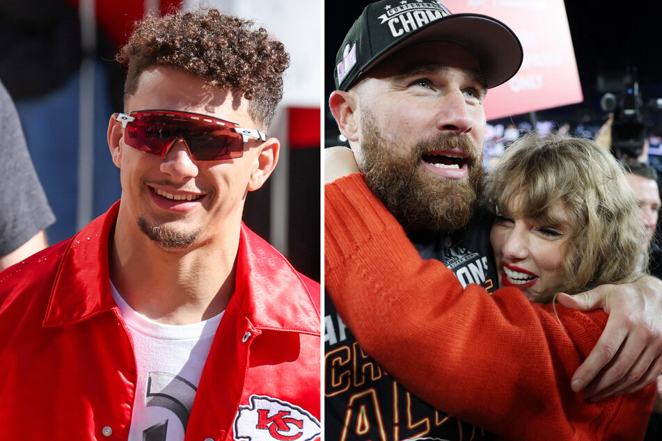 Patrick Mahomes (l.) revealed that he invited Travis Kelce (c.) to the Taylor Swift concert that sparked the couple's love story.
