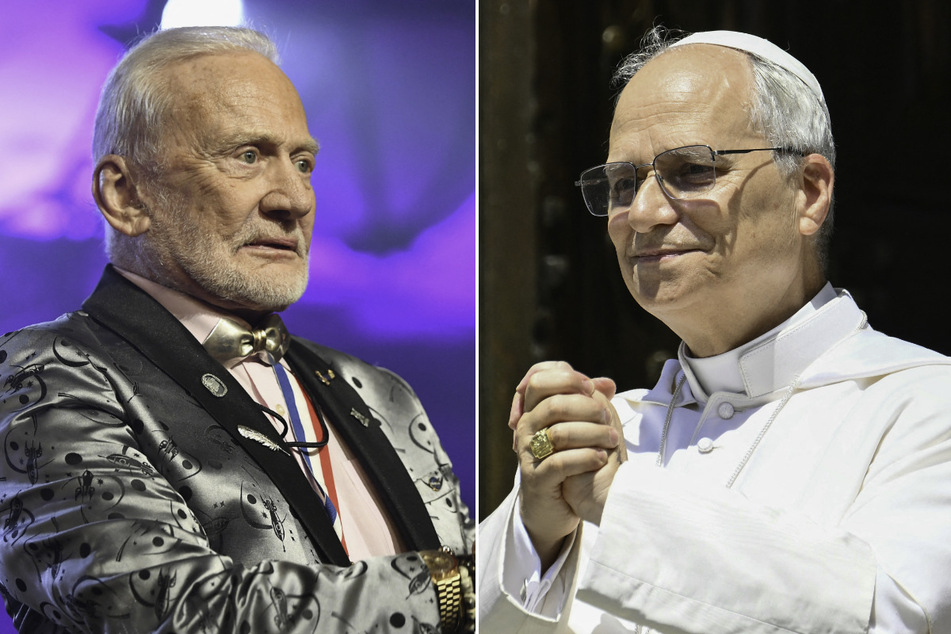 Pope Leo XIV (r.) spoke with astronaut Buzz Aldrin on the 56th anniversary of the 1969 Apollo 11 moon landing.
