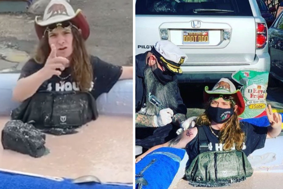 Stuntman gets tattooed in a tub of bean dip for a good cause