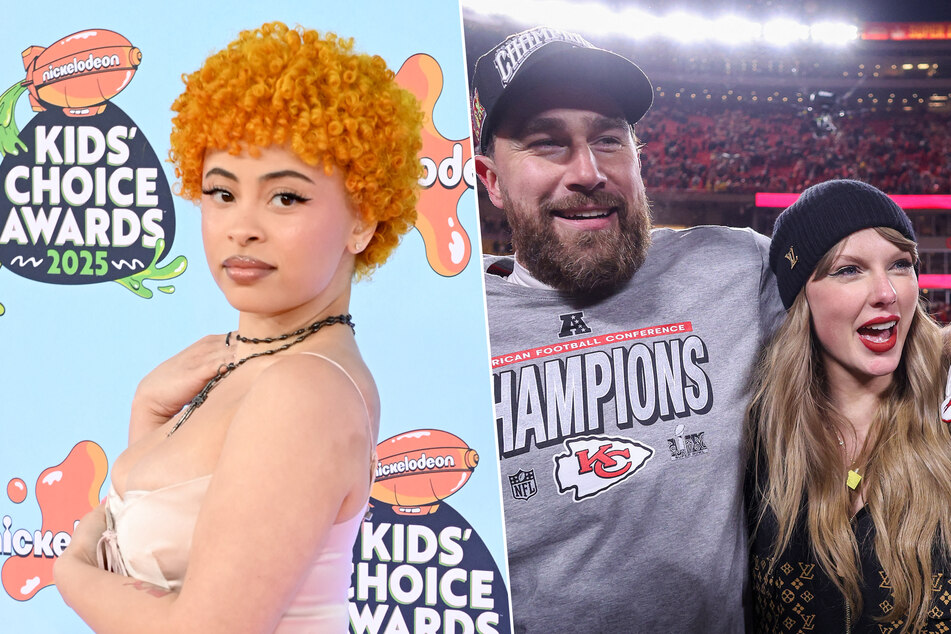 Rapper Ice Spice (l.) spilled the tea on her famous friends Taylor Swift (r.) and Travis Kelce as she hit the orange carpet of Nickelodeon's Kids' Choice Awards!