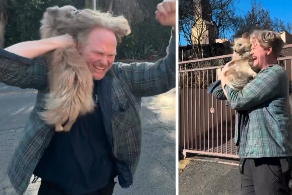 Casey could hardly hold back his tears when he finally held his dog in his arms again.