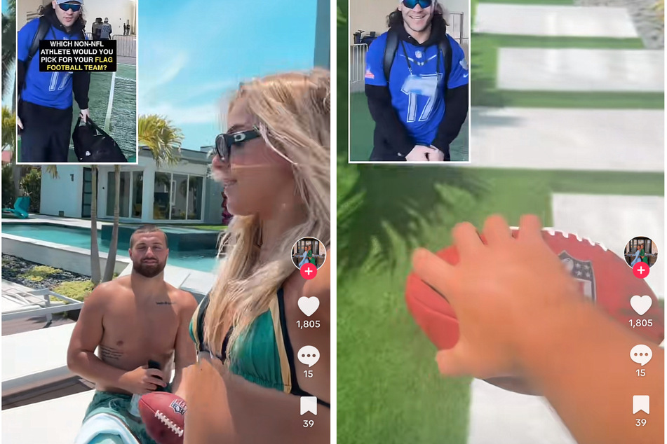 In a viral TikTok duet, Haley Cavinder (c.) flaunted her football skills with boyfriend Jake Ferguson, proudly claiming her status as a two-sport athlete.