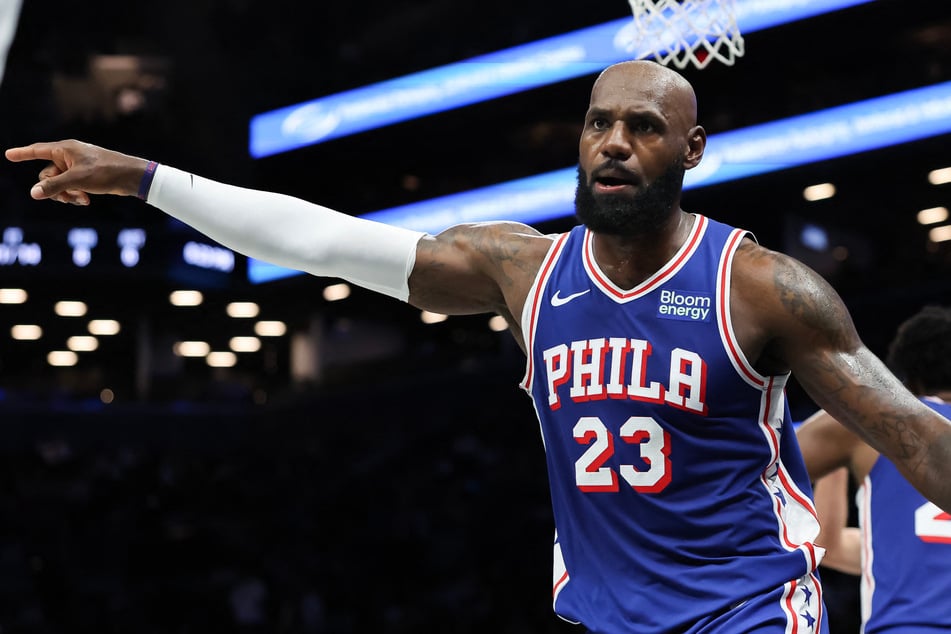 LeBron James #23 of the Philadelphia 76ers reacts during the second quarter of a preseason game on Thursday. The 76ers ultimately lost 114-108 to the Brooklyn Nets.