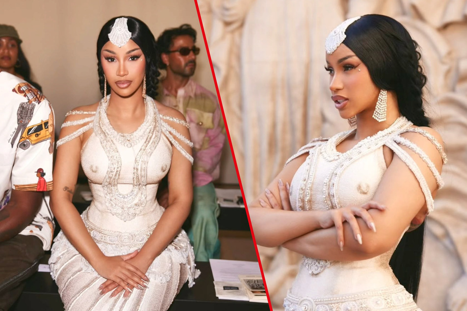 Cardi B wowed in her ivory corset-like gown with astounding detailing at Paris Fashion Week.