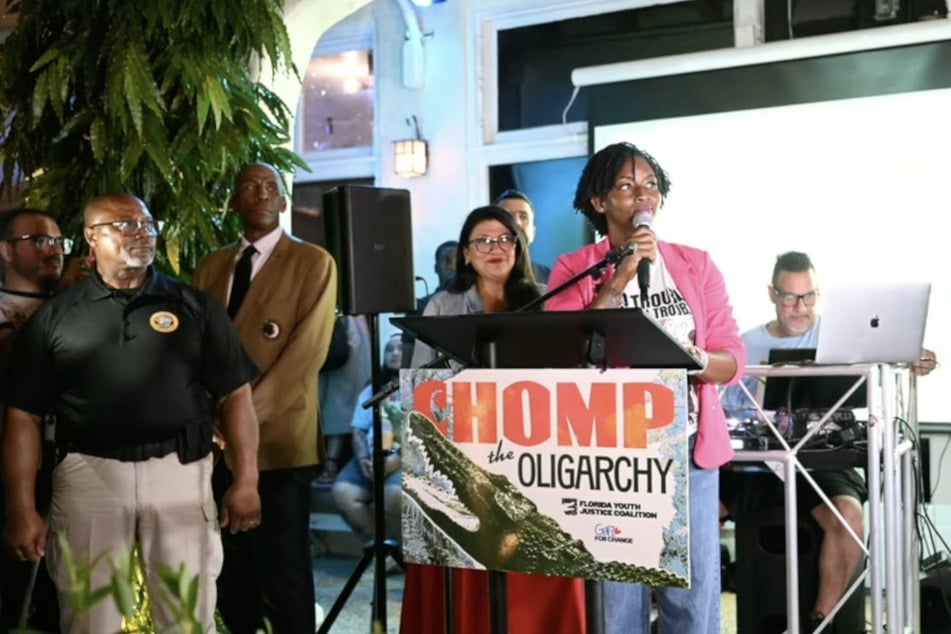 Florida state Representative Angie Nixon speaks during a "Chomp the Oligarchy" rally on August 14, 2026.