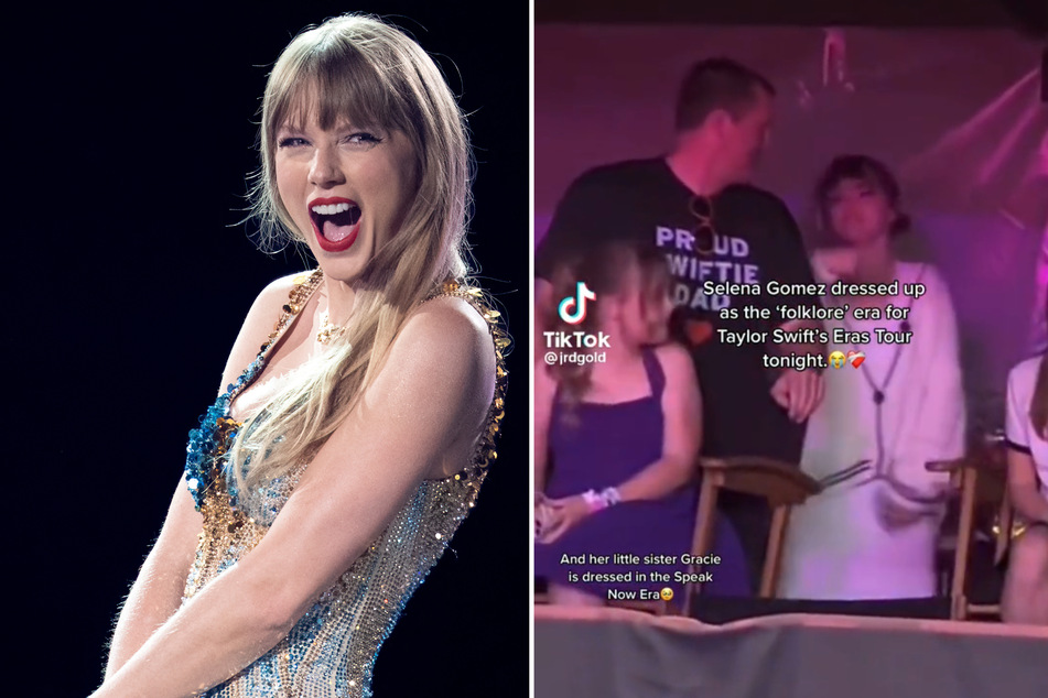 Selena Gomez (r) dressed up as Taylor Swift (l) during her folklore era for The Eras Tour.