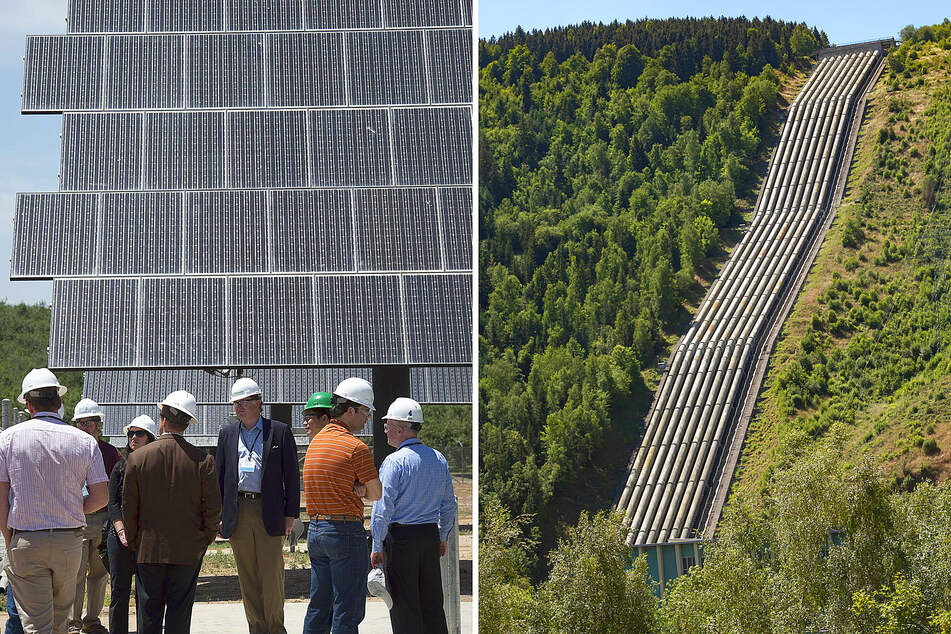 EnerVault Turlock uses a megawatt-hour scale iron-chromium redox flow battery (l.) and extensive pipes (r) in pumped-storage hydropower, which pushes water back uphill into a reservoir.
