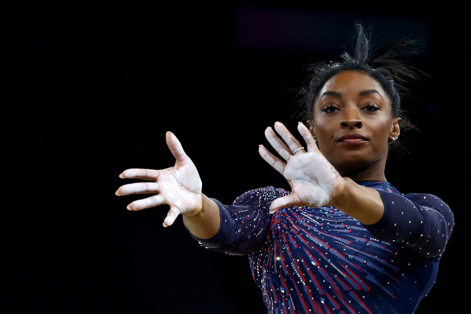 American gymnast Simone Biles participates in training at Bercy Arena ahead of the 2024 Paris Olympics.