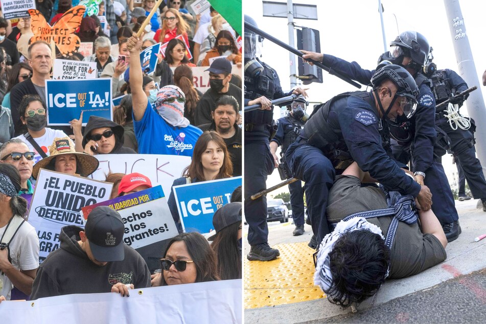 Multiple protests against immigration raids in Los Angeles on Friday broke out in violence, with federal agents using military tactics to disperse crowds.