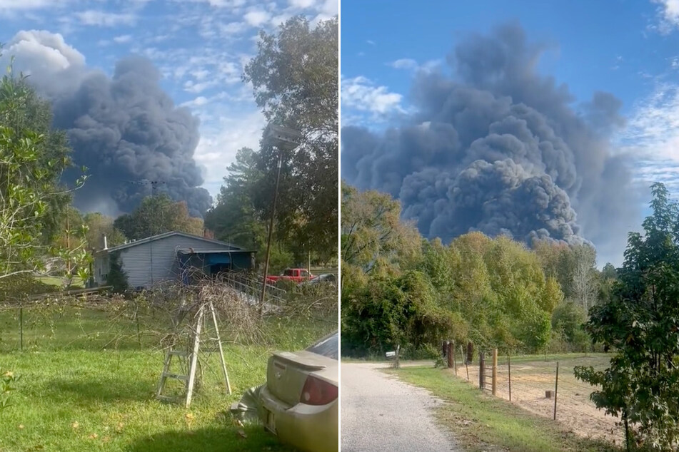 Huge plumes of black smoke rise from the site of an explosion at a petrochemical processing plant in Shepherd, Texas, on Wednesday.