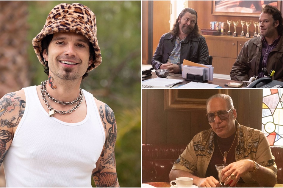 (Clockwise from l to r:) In the Hulu series, Sebastian Stan, Nick Offerman, Seth Rogen, and Maxwell Caulfield, play the many men responsible for the damage done to Pamela Anderson's career.