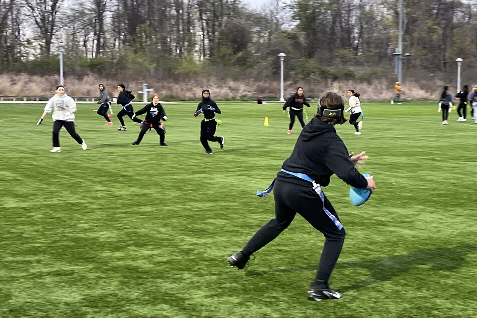 A player from the Staten Island Giants flag football club throws the ball during a practice session on April 21, 2025 on Staten Island in New York. Flag football participation has risen dramatically in the US over the last decade and will be part of the 2028 Olympics in Los Angeles.
