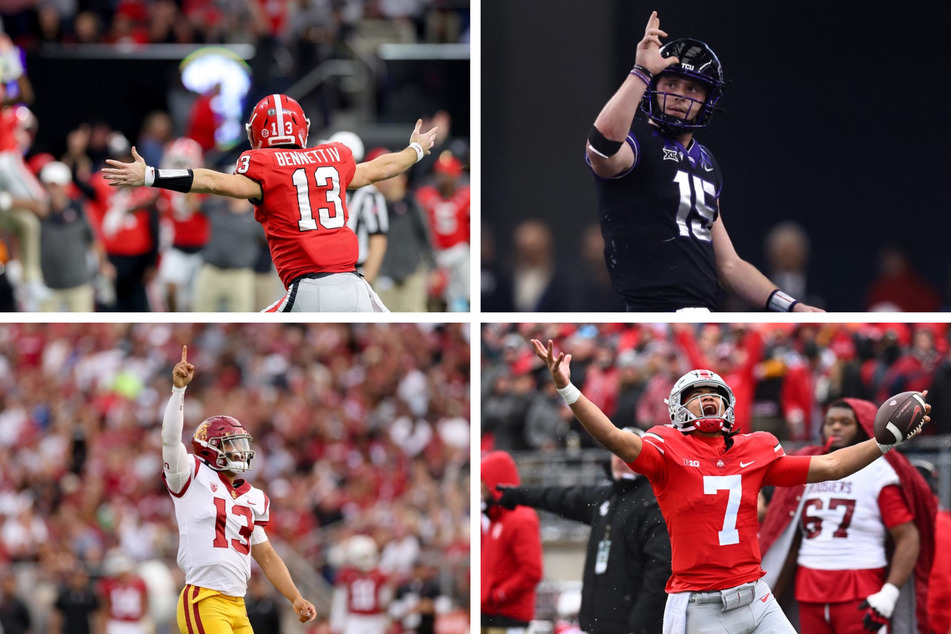 Georgia's Stetson Bennett (top l), TCU's Max Duggan (top r), USC's Caleb Williams (bottom l), and Ohio State's CJ Stroud were named as finalists for the Heisman Trophy.